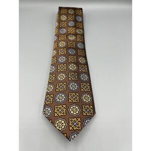 Smith & James All Silk Tie Brown With Circles And Squares In Blue Orange